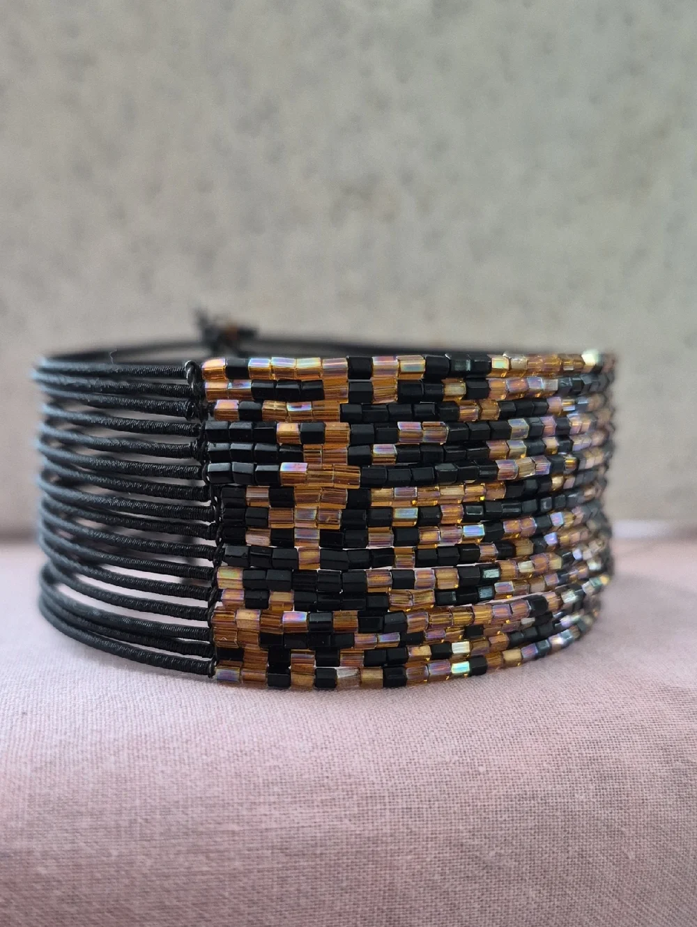Twos Company Metallic Iridescent Brown Black Pink Seed Beaded Cuff Bracelet